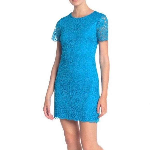 Laundry By Shelli Segal  Blue Lace Short Sleeve Mini Dress 4 - Picture 2 of 5